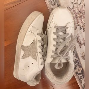 Gray and white winter fuzzy lined sneakers